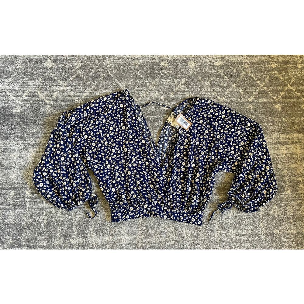 Blu Pepper Womens S Blouse Navy Blue Daisy Open Back Wrap Long Sleeve NWT O5
